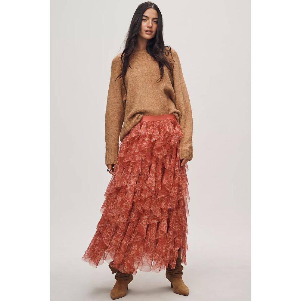 New Anthropologie  The Chéri Ruffled Tulle Midi Skirt by Anthropologie Size Xs